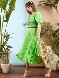 SASSAFRAS Resort Life Green Accordion Pleated Midi Skirt