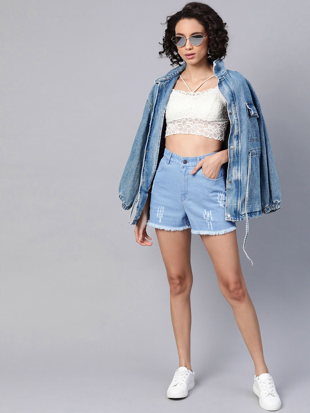 SASSAFRAS Women Blue Washed High-Rise Distressed Denim Shorts
