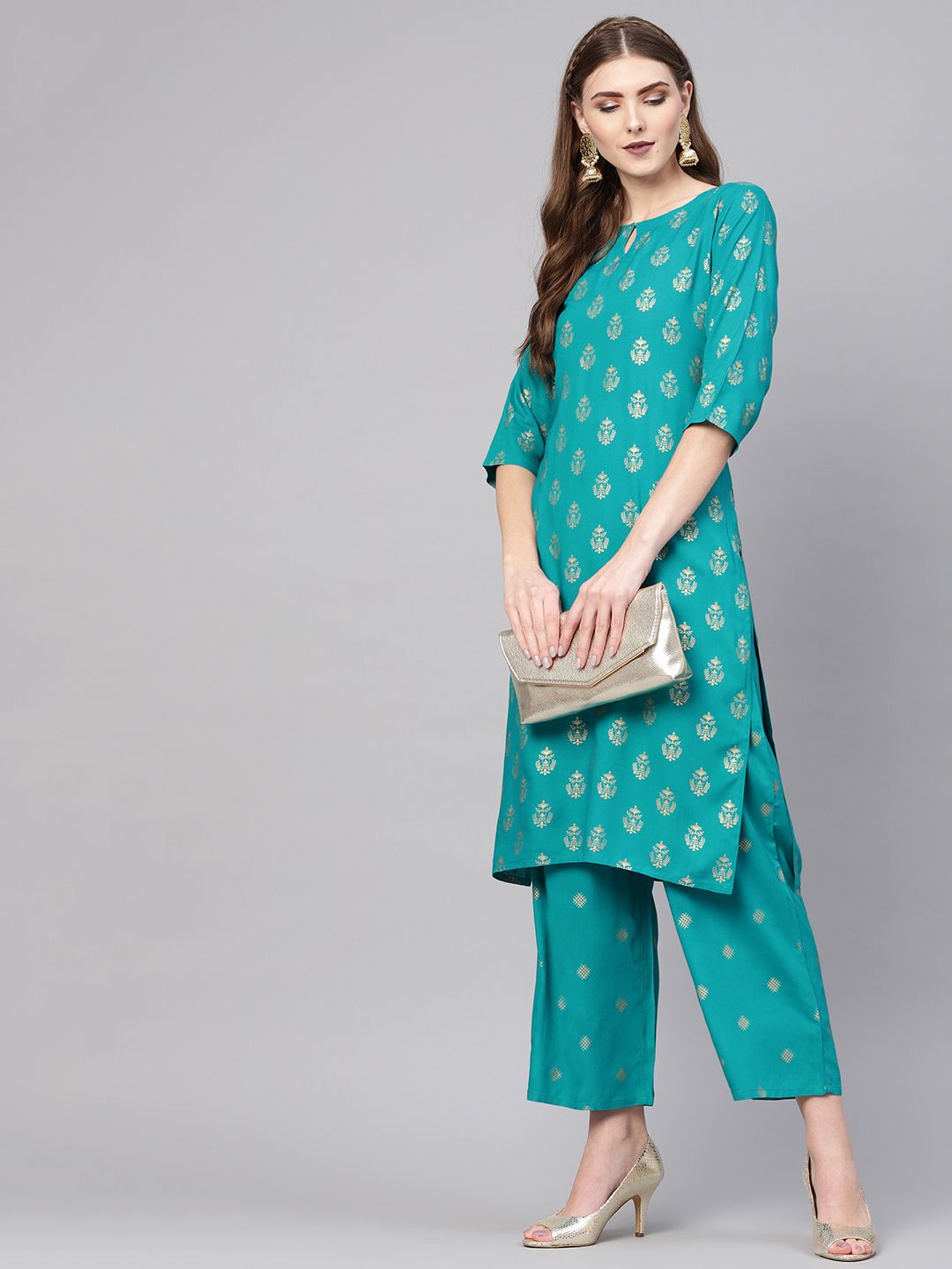 Gerua By Libas Women Blue Golden Block Print Kurta with Palazzos