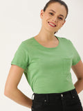DressBerry Women Sea Green Solid Round Neck Pure Cotton T-shirt