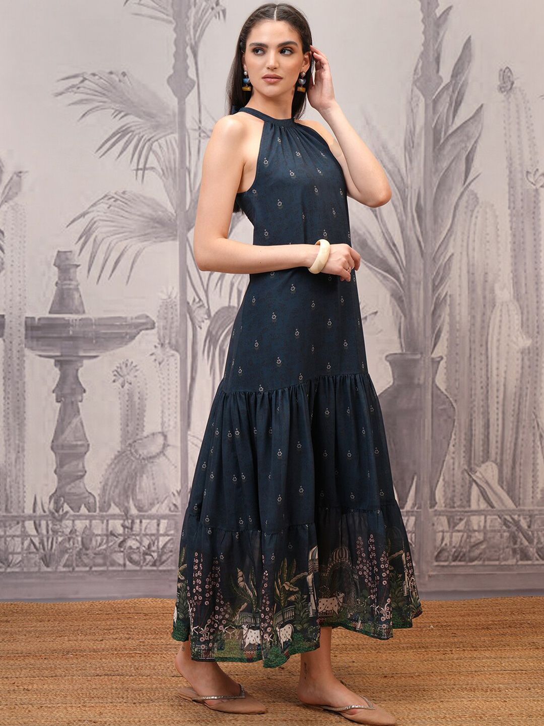 Vishudh Navy Blue Floral Print Tie-Up Neck Gathered Maxi Dress