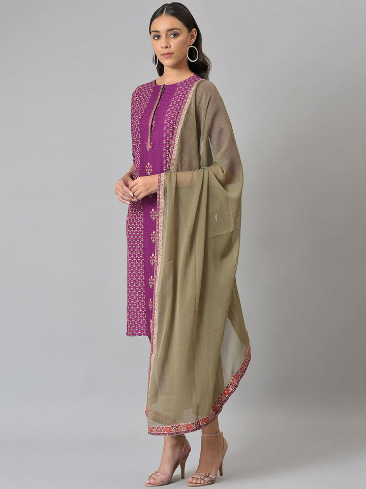 W Festive Floral Print Rayon Kurta With Straight Pant & Dupatta