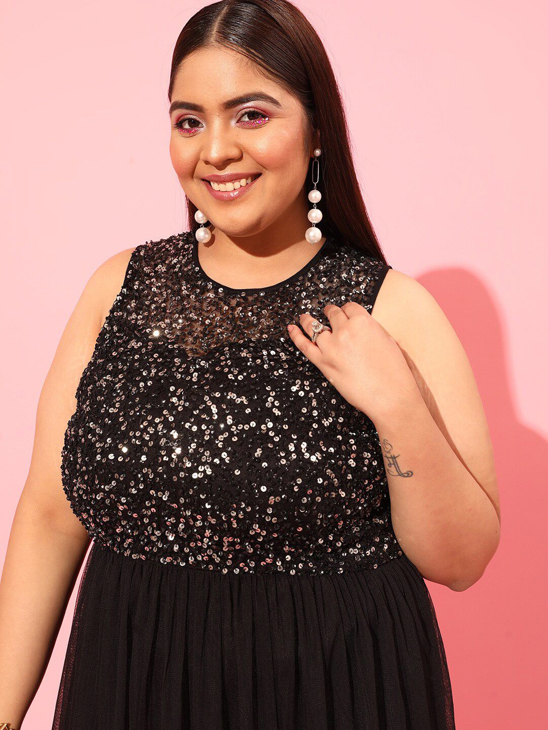 CURVY STREET Black Plus Size Embellished Net Maxi Dress