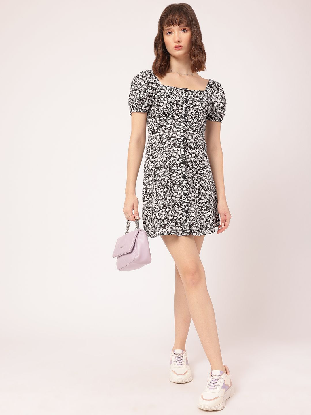 DressBerry Feisty Fashionista Square Neck Monochrome Printed Mini Dress