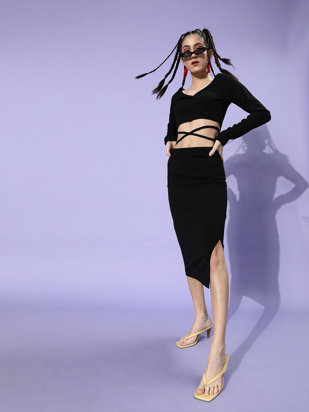 Athena Women Black Solid Top with Skirt