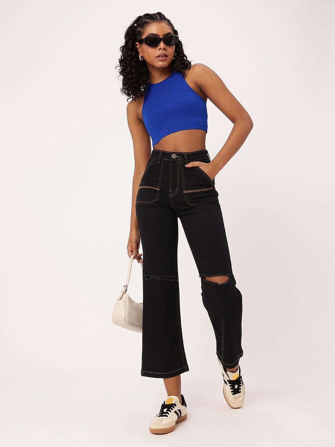 DressBerry Women Bold Grunge Slash Knee High Rise Cropped Jeans