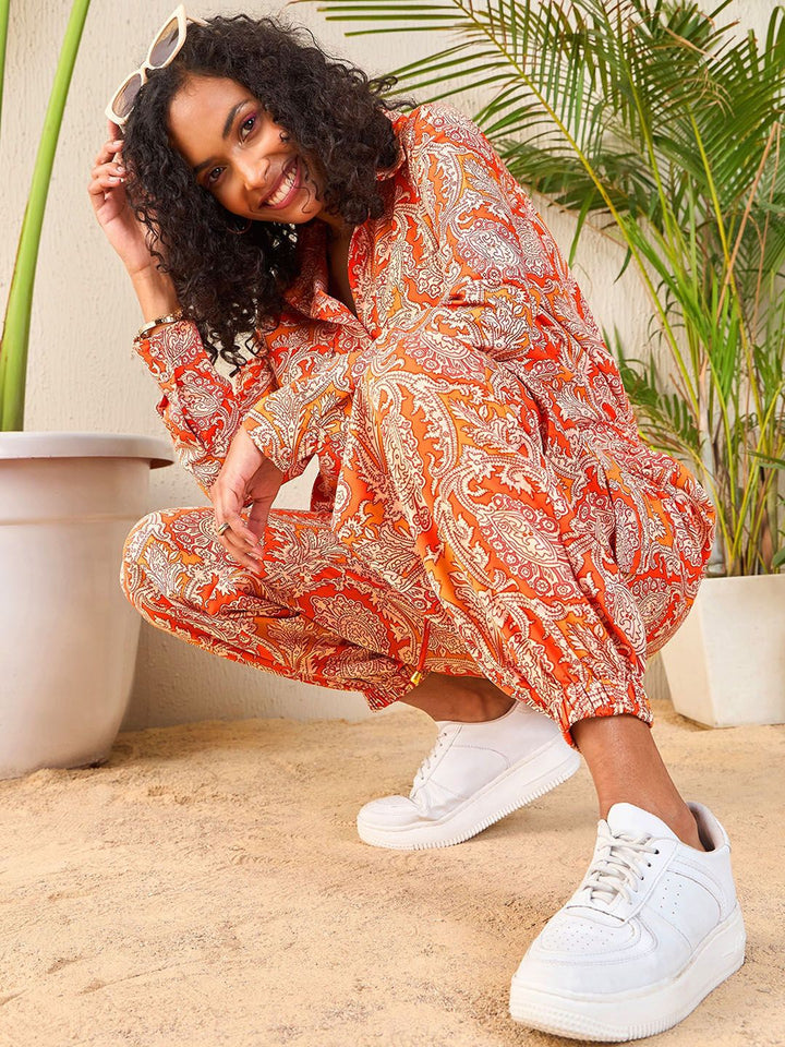 SASSAFRAS Orange Paisley Printed Shirt With Joggers Co-Ords