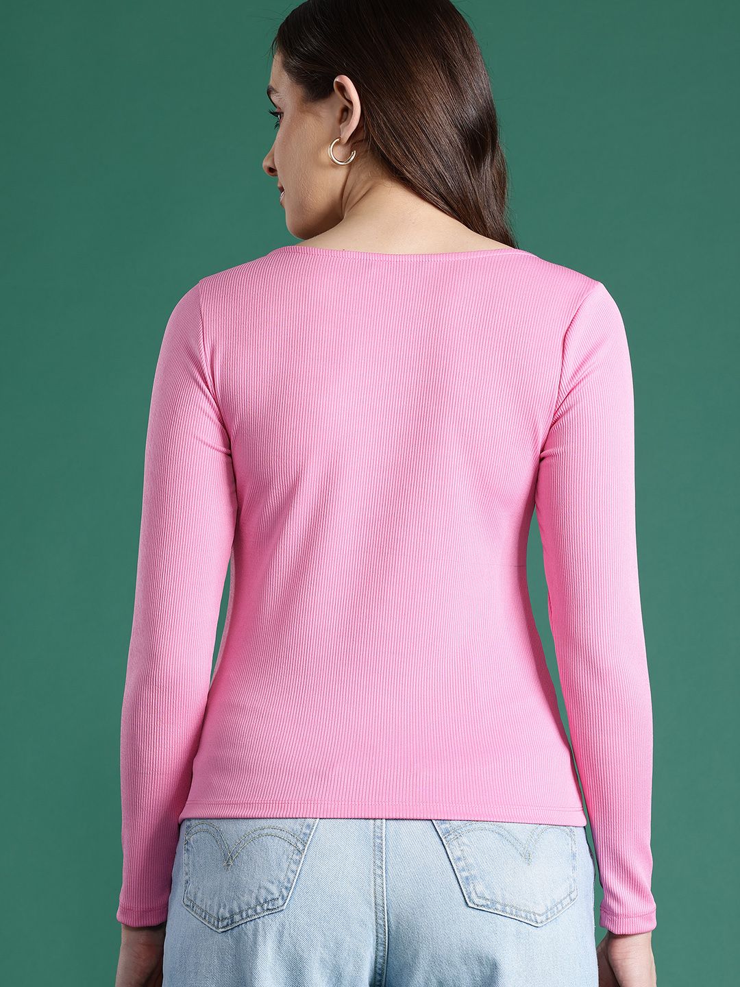 DressBerry Pink Self Design Sweetheart Neck Top