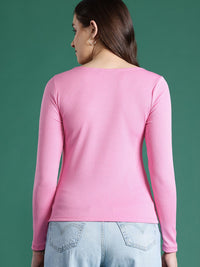 DressBerry Pink Self Design Sweetheart Neck Top