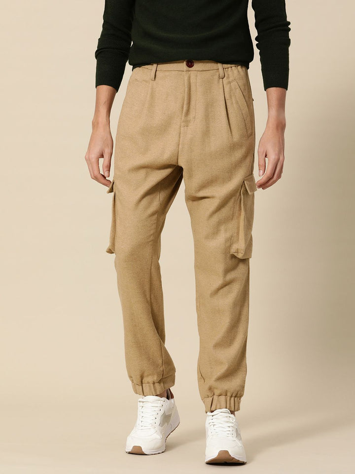 Mr Bowerbird Men Camel Brown Liberal Fit Solid Pleated Cargos