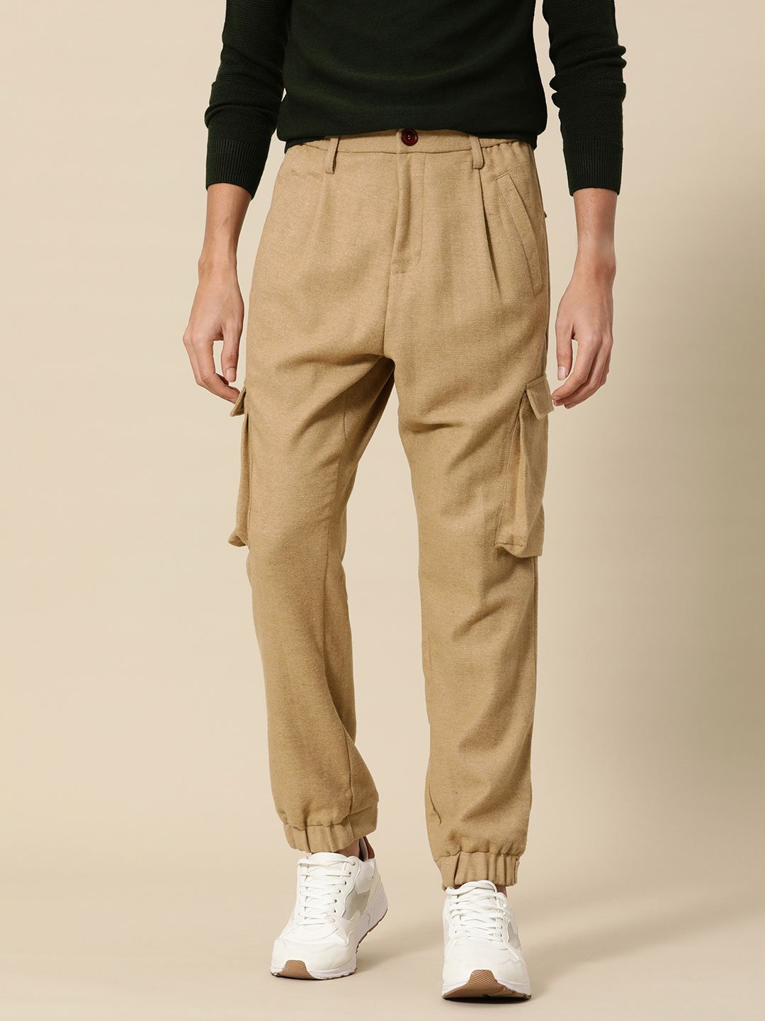 Mr Bowerbird Men Camel Brown Liberal Fit Solid Pleated Cargos