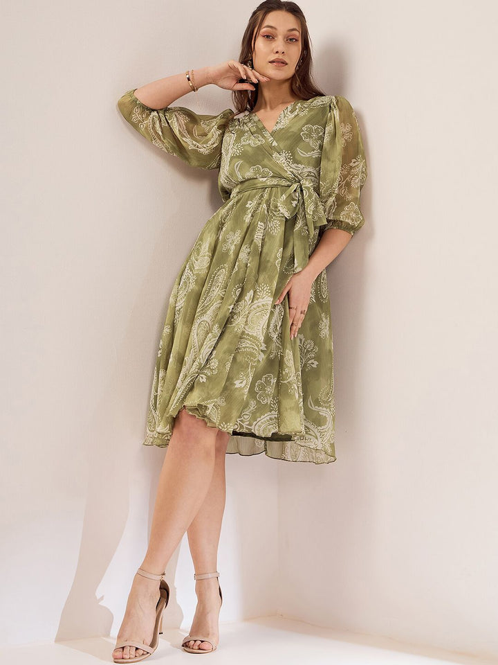 Antheaa Olive Green Floral Printed V-Neck Puff Sleeve Chiffon Wrap Dress
