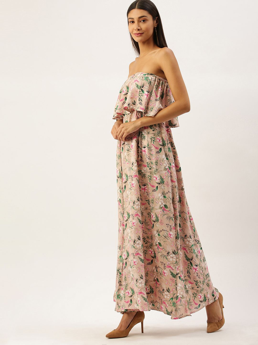 Berrylush Women Pink & Green Floral Printed Off-Shoulder Maxi Dress