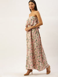 Berrylush Women Pink & Green Floral Printed Off-Shoulder Maxi Dress