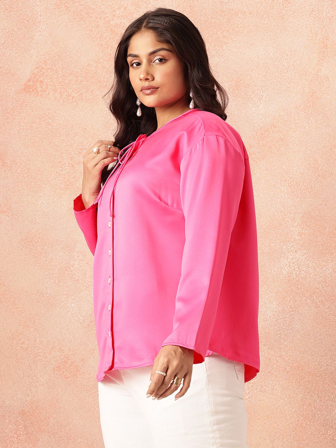 all about you Plus Size Tie-Up Neck Casual Shirt