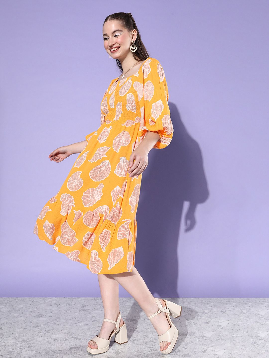 all about you Printed Puff Sleeve Romance Ramble-Decorative Smocking A-Line Dress