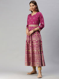 Global Desi Women Purple & Gold-Toned Floral Printed Anarkali Kurta