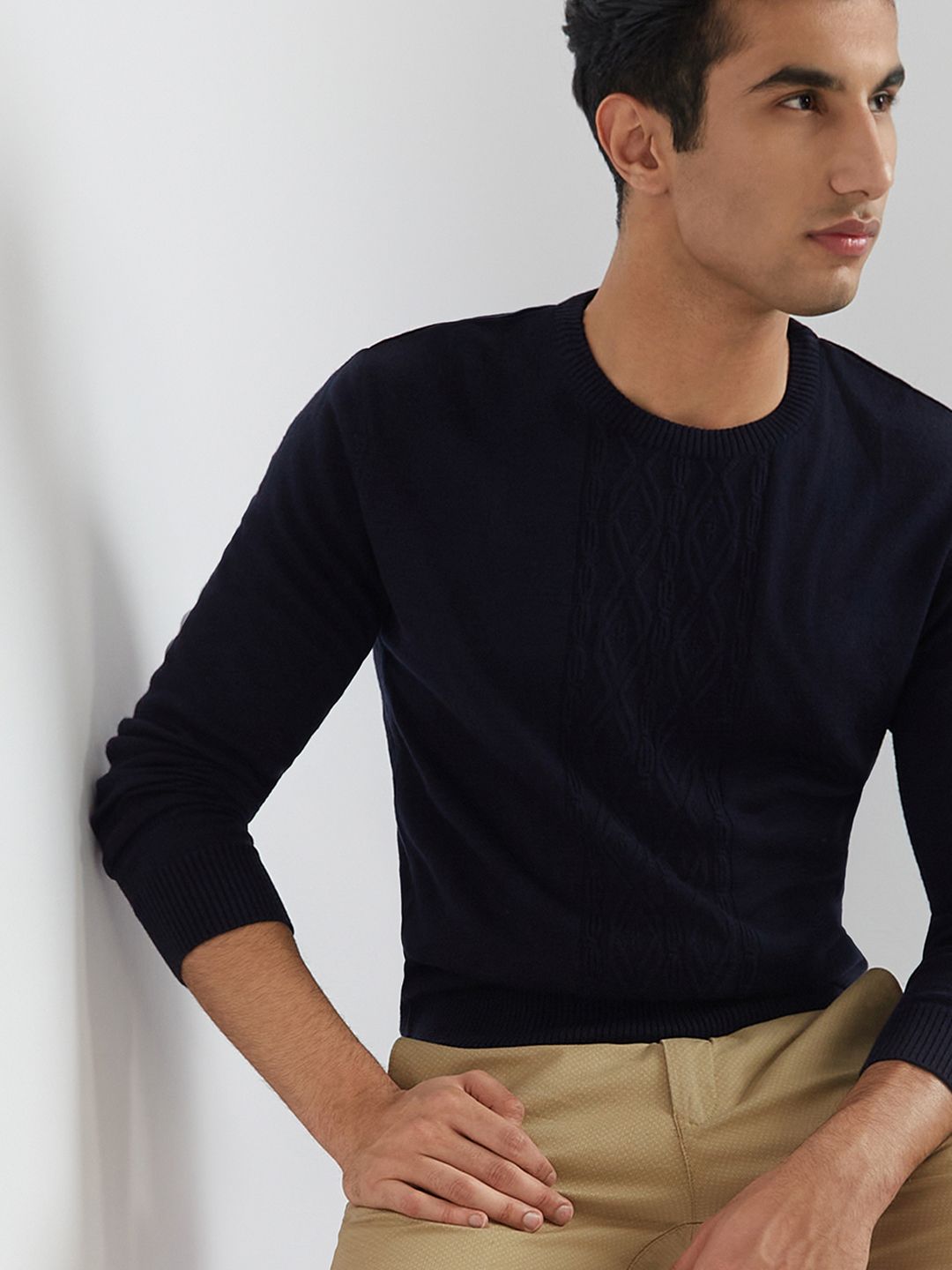 Raymond Men Navy Blue Solid Cable Knit Pullover