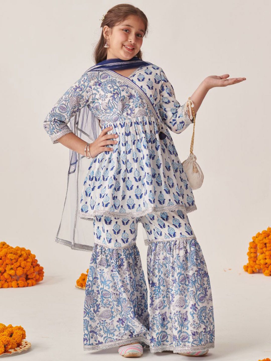 pspeaches Girls Ethnic Motifs Printed Regular Kurta with Sharara & Dupatta