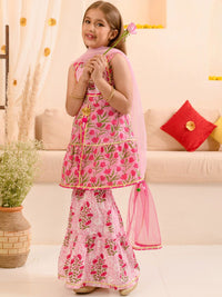 pspeaches Girls Floral Printed Gotta Patti Pure Cotton Kurta With Sharara & Dupatta
