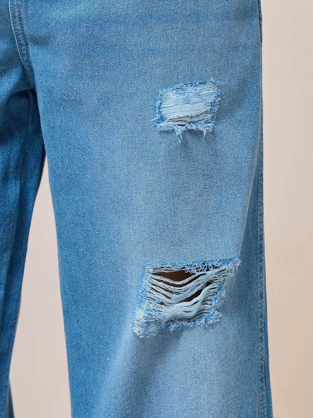 Bewakoof Straight Fit High-Rise Mildly Distressed Light Fade Cotton Baggy Jeans