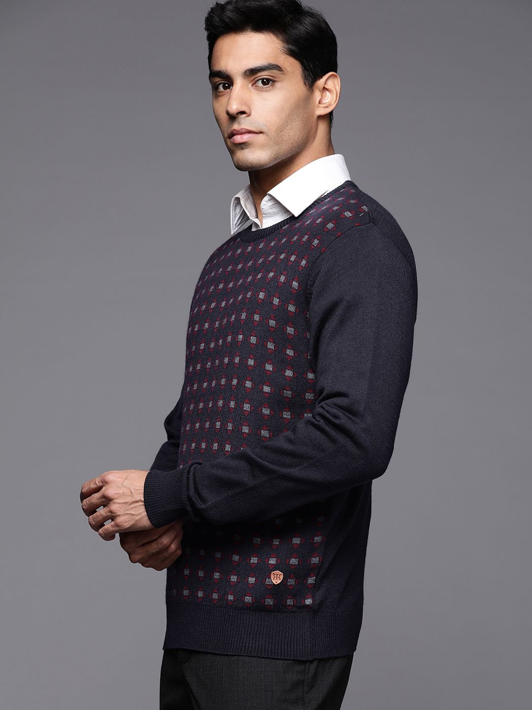 Raymond Men Navy Blue Geometric Pullover