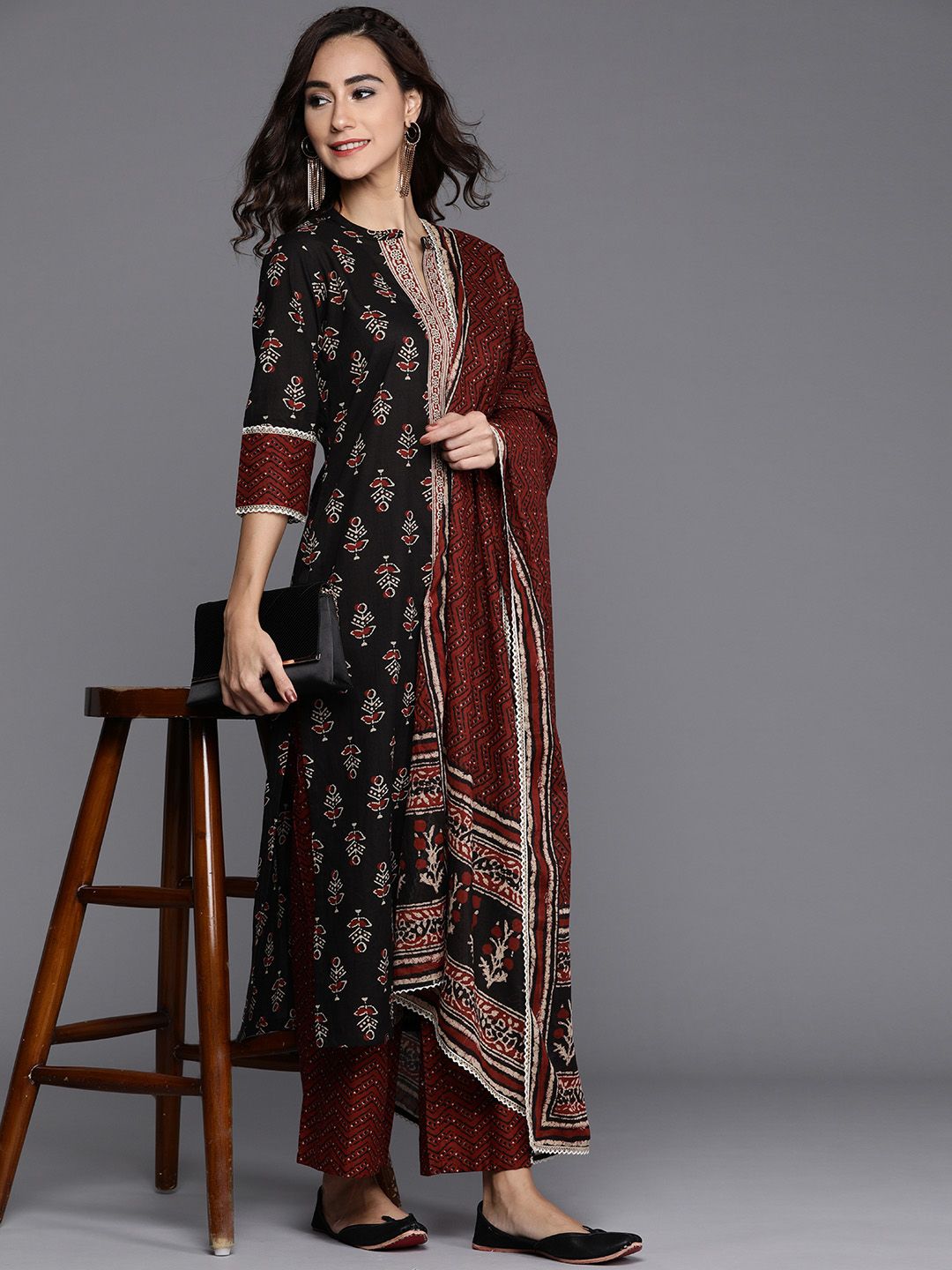 Libas Women Black Pure Cotton Ethnic Motifs Printed Kurta with Palazzos & Dupatta