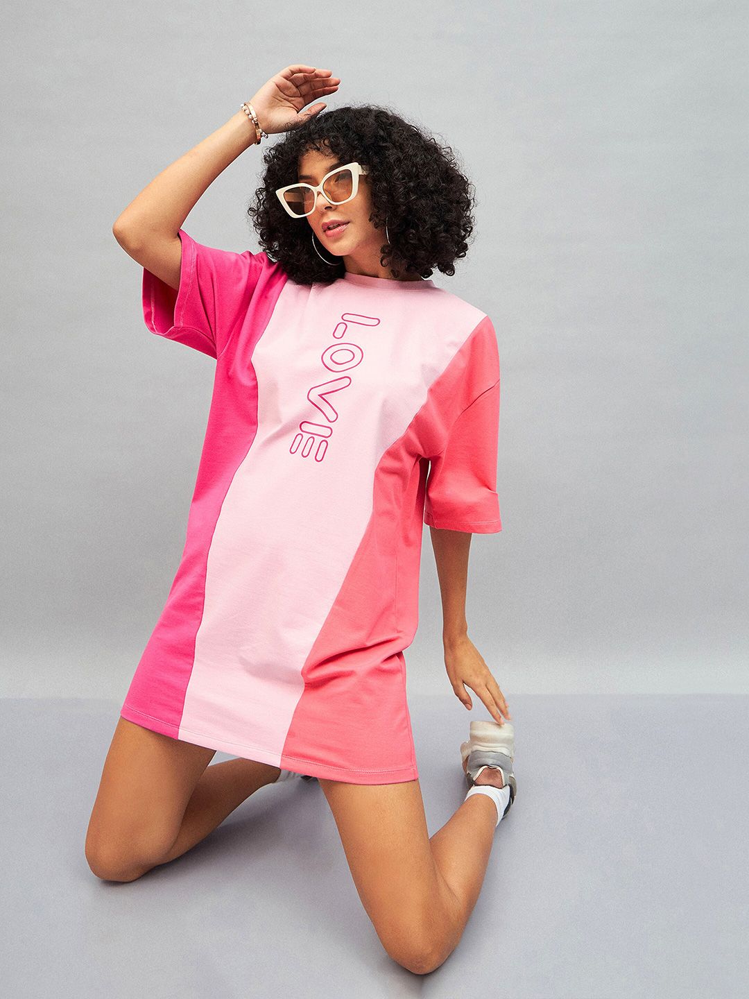SASSAFRAS Pink Love Colourblocked Cotton T-shirt Mini Dress