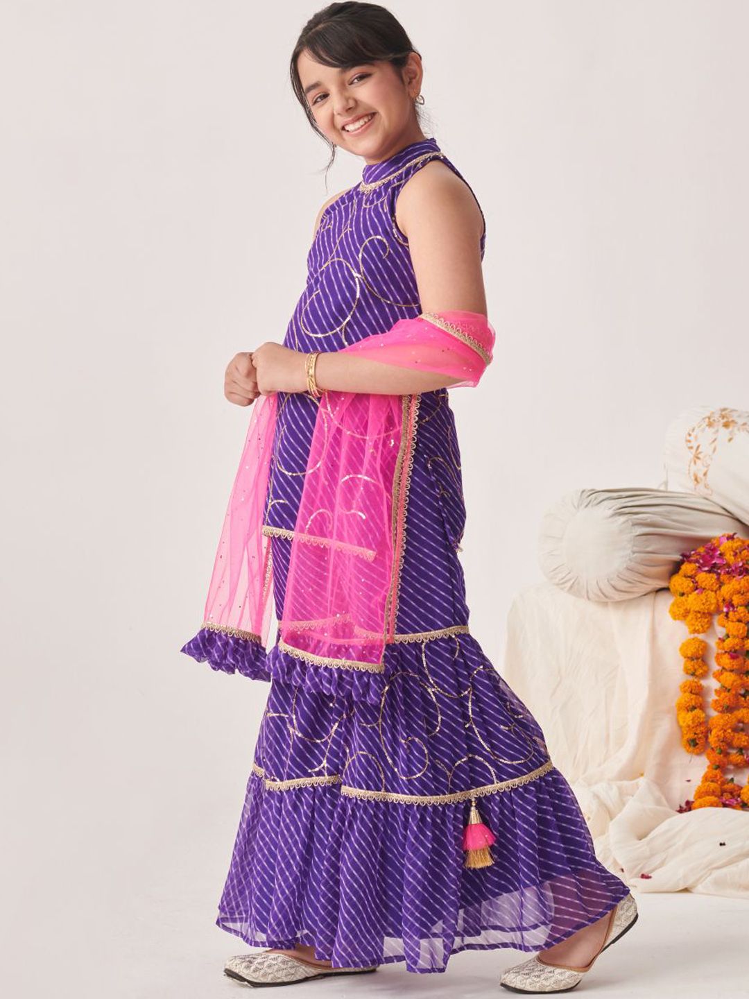 pspeaches Girls Floral Printed Angrakha Kurta with Sharara & With Dupatta