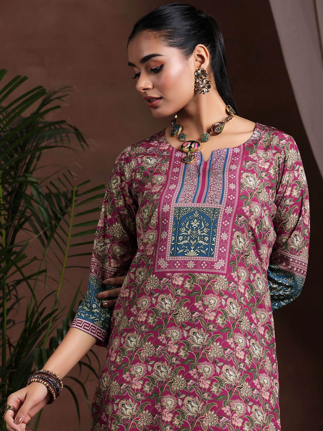 Libas Women Floral Printed Notched Neck Straight Kurta With Trousers & Dupatta