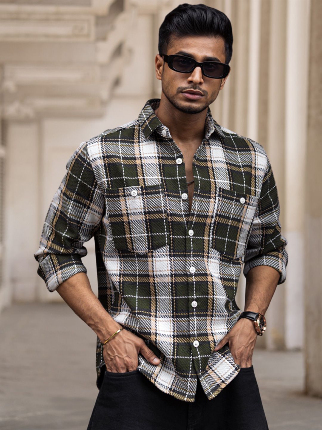 Powerlook Men Spread Collar Tartan Checked Cotton Casual Shirt