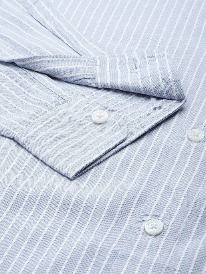 THE BEAR HOUSE Men Blue & White Classic Slim Fit Striped Pure Cotton Casual Shirt