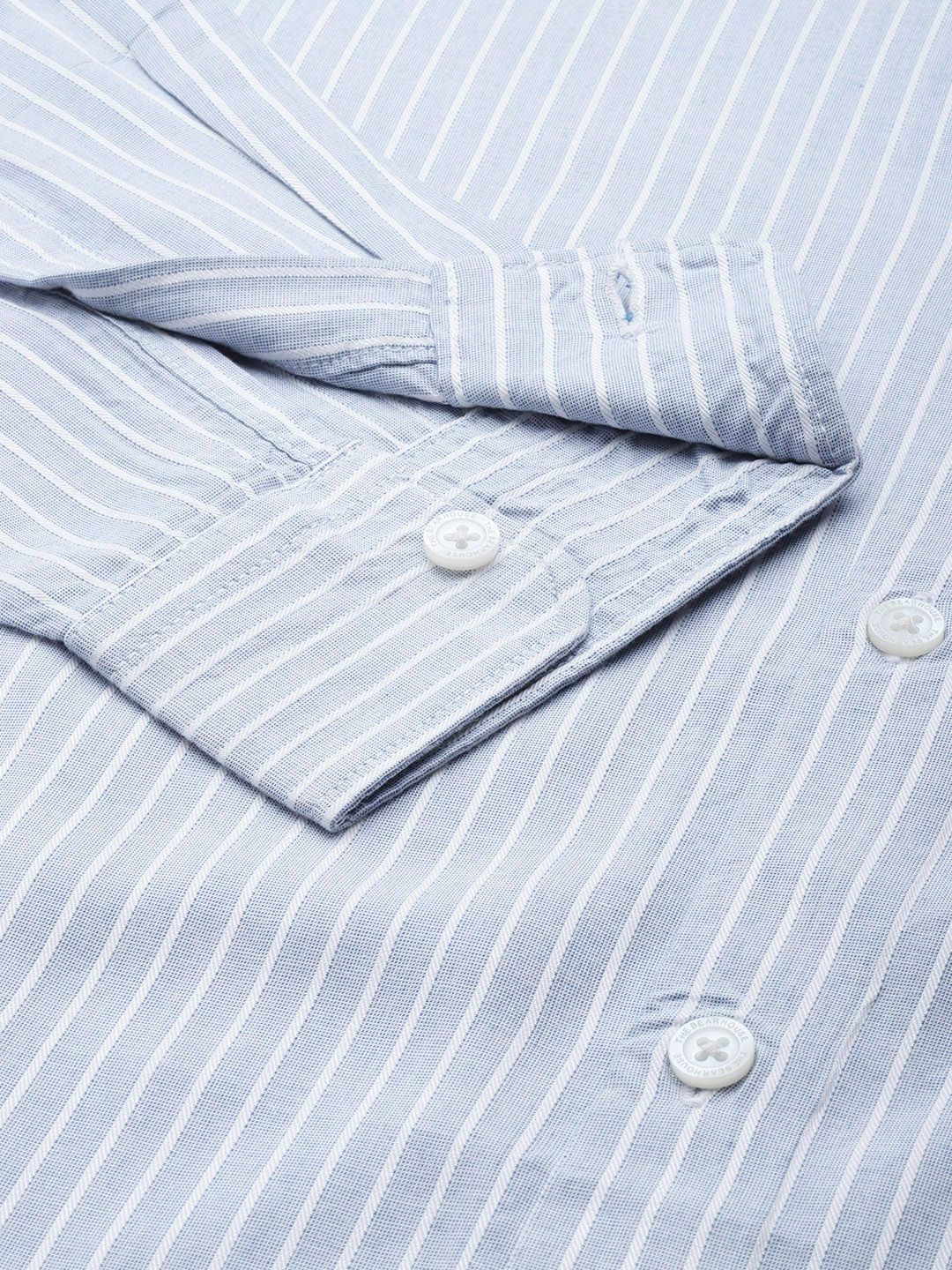 THE BEAR HOUSE Men Blue & White Classic Slim Fit Striped Pure Cotton Casual Shirt