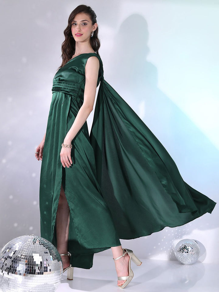 Tokyo Talkies Green One Shoulder Gathered Or Pleated Satin Wrap Hem Maxi Dress