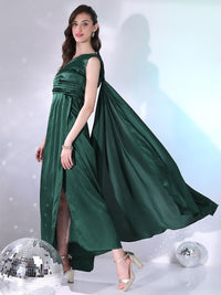 Tokyo Talkies Green One Shoulder Gathered Or Pleated Satin Wrap Hem Maxi Dress