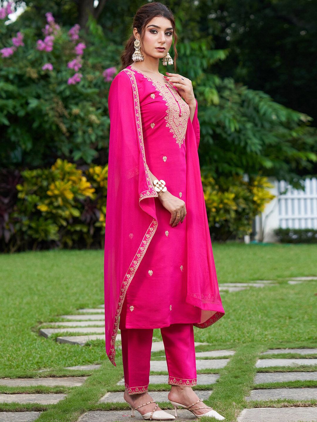 Indo Era Floral Embroidered Thread Work Kurta with Trousers & Dupatta