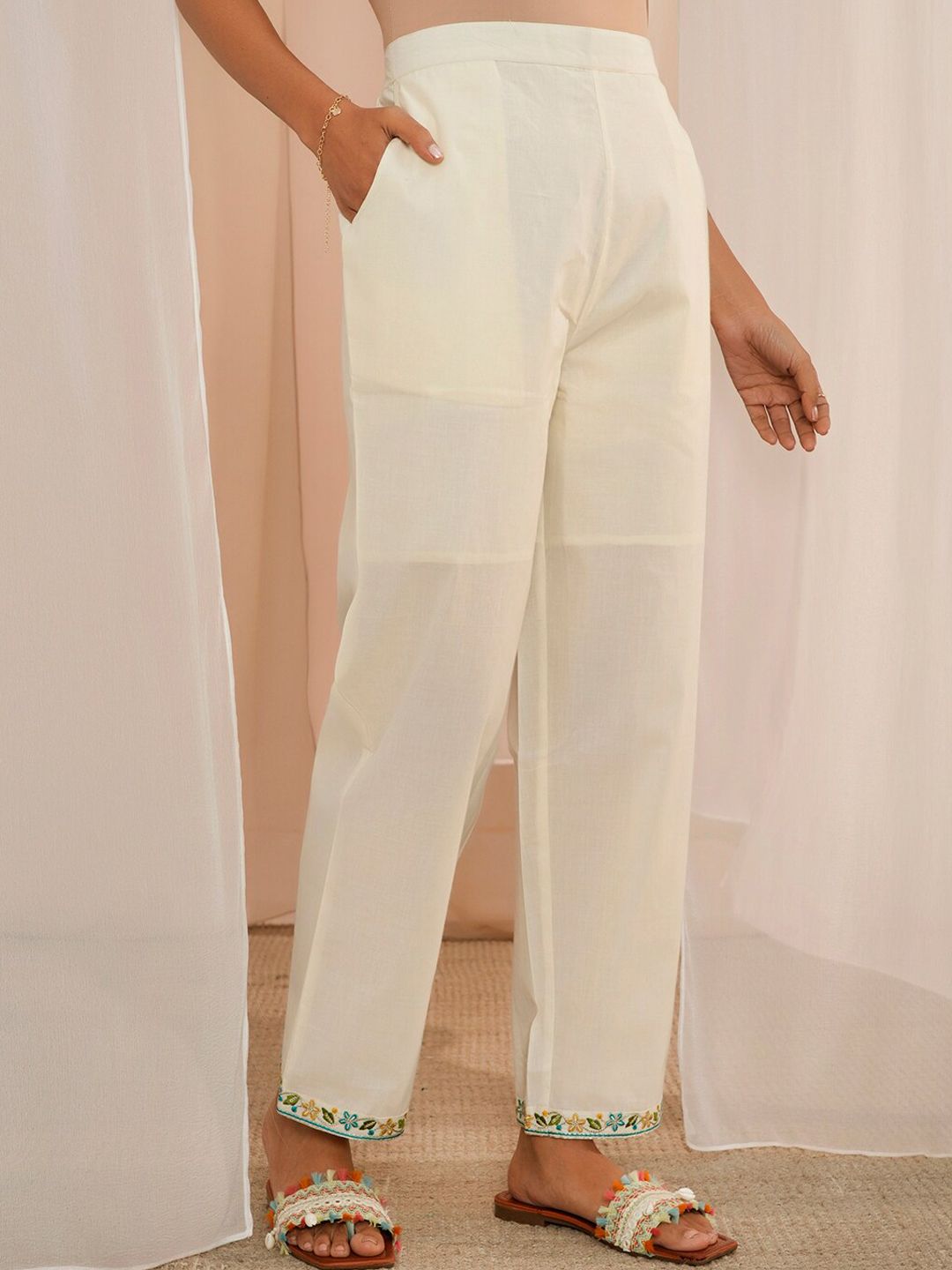 Libas Floral Yoke Design Pleated Thread Work Pure Cotton Kurta With Palazzos & Dupatta