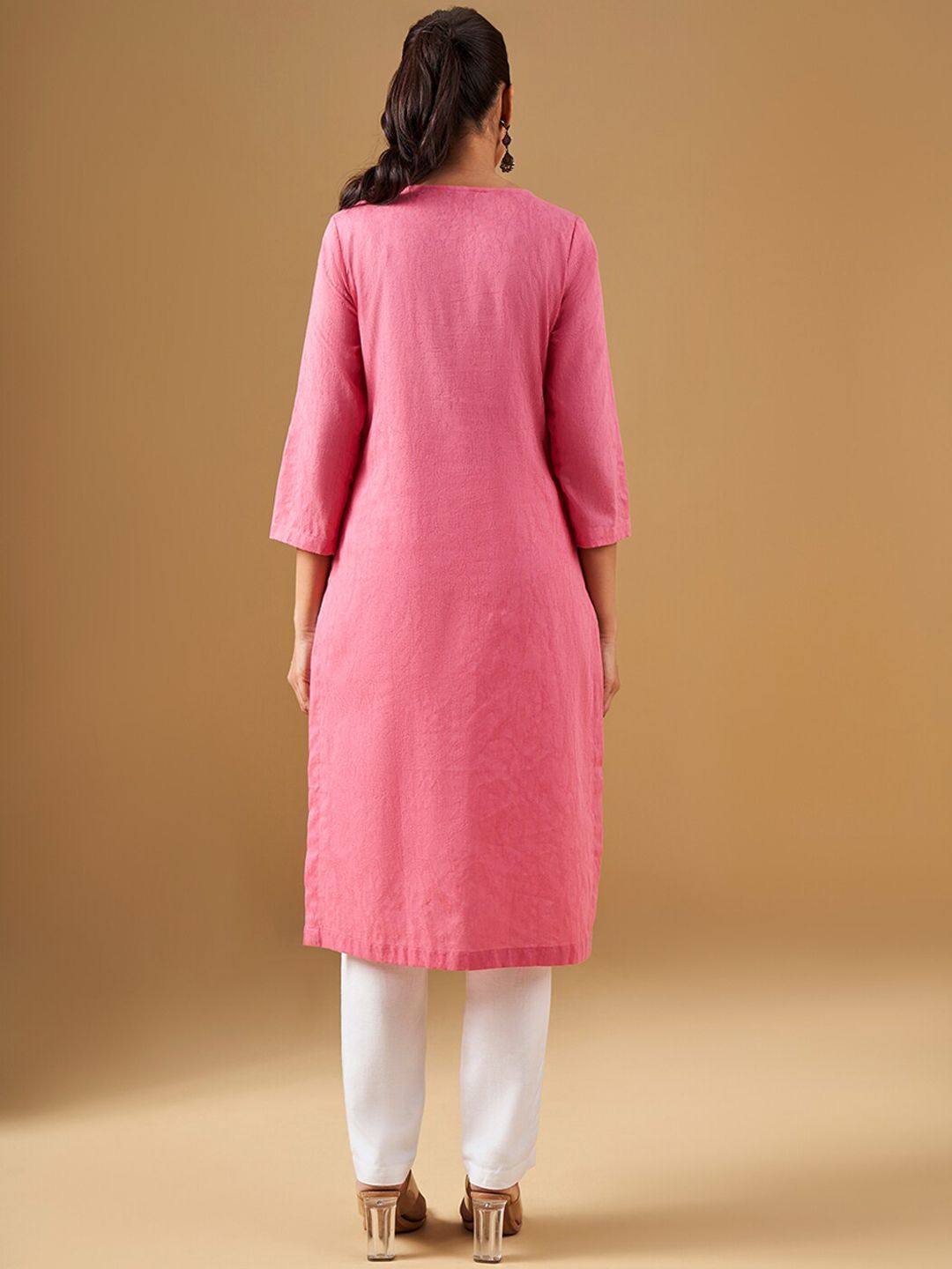 Global Desi Ethnic Motifs Notch Neck Yoke Design Thread Work Cotton Kurta