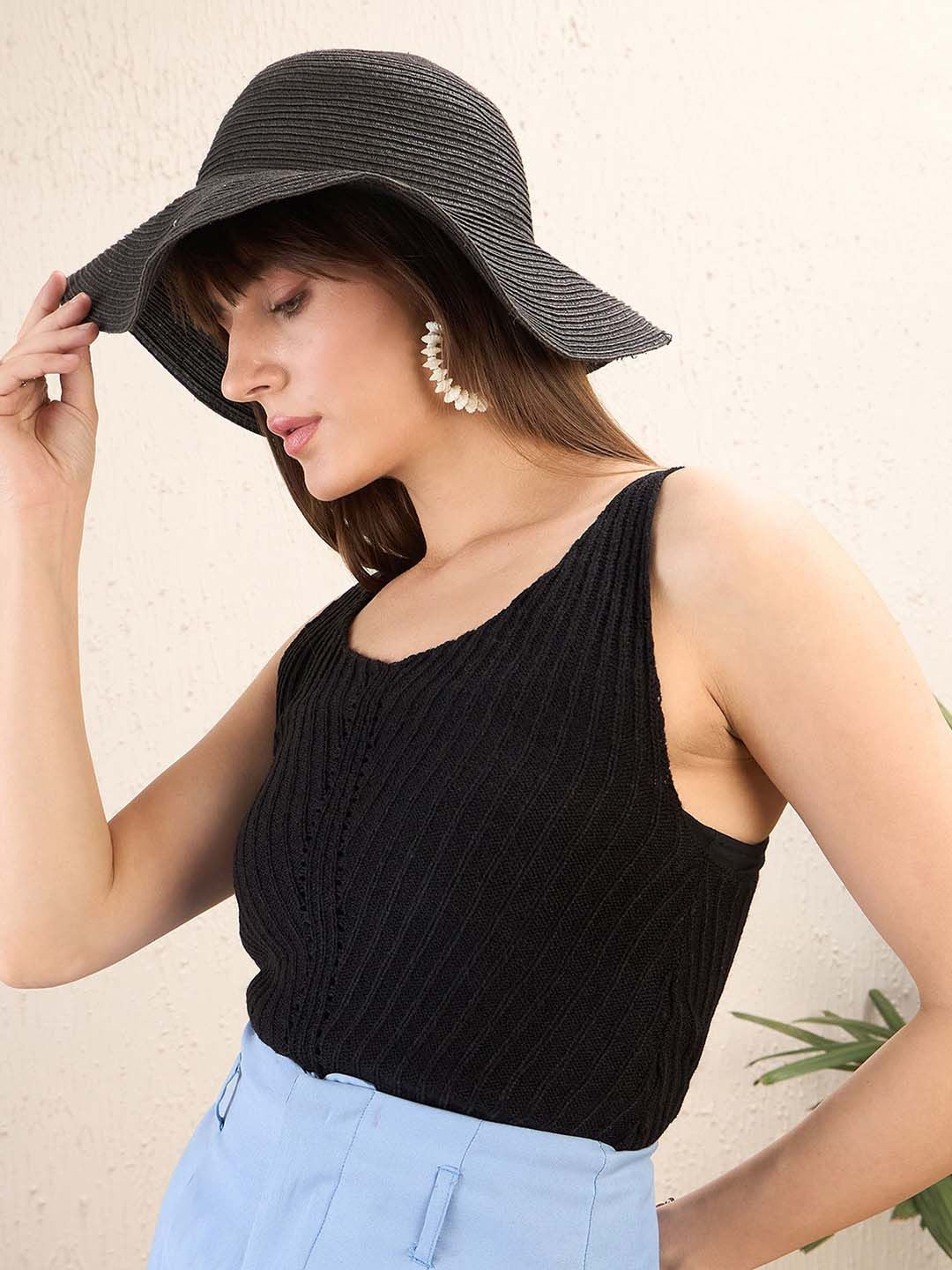 SASSAFRAS Self Design Striped Sleeveless Crochet Top