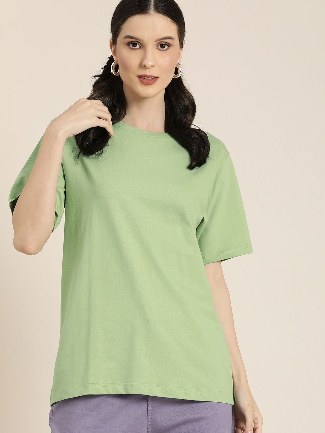 DILLINGER Women Green & Pink Back Typography Print Cotton Oversized Longline T-shirt