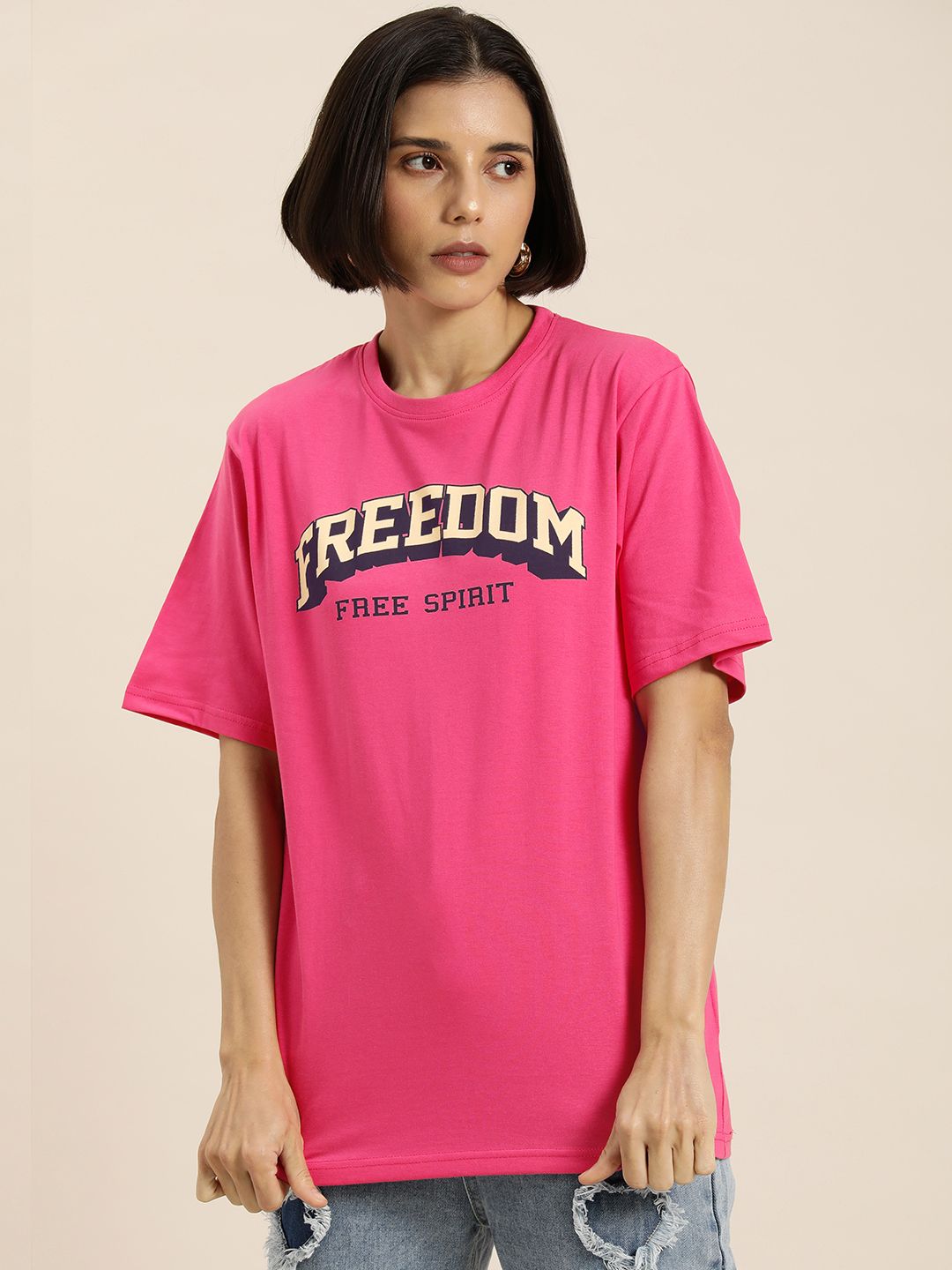 DILLINGER Women Pink & Cream-Coloured Typography Pure Cotton Oversized T-shirt