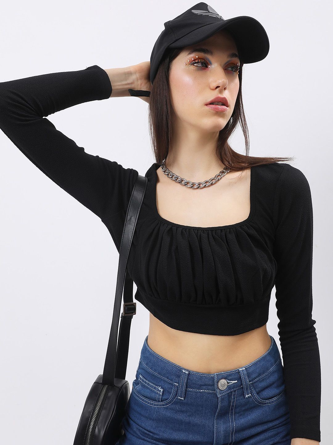 Tokyo Talkies Black Square Neck Ruched Blouson Crop Top