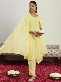 Libas Yellow Geometric Embroidered Sequinned Straight Kurta With Trousers & Dupatta