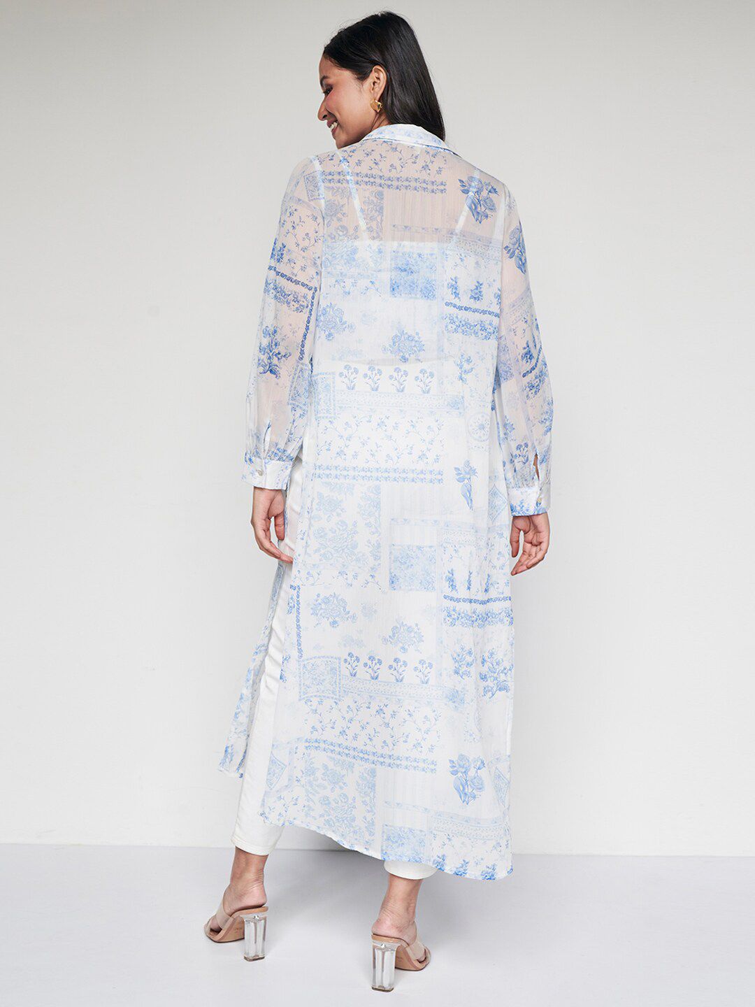 AND Floral Printed Shirt Collar Maxi Longline Top