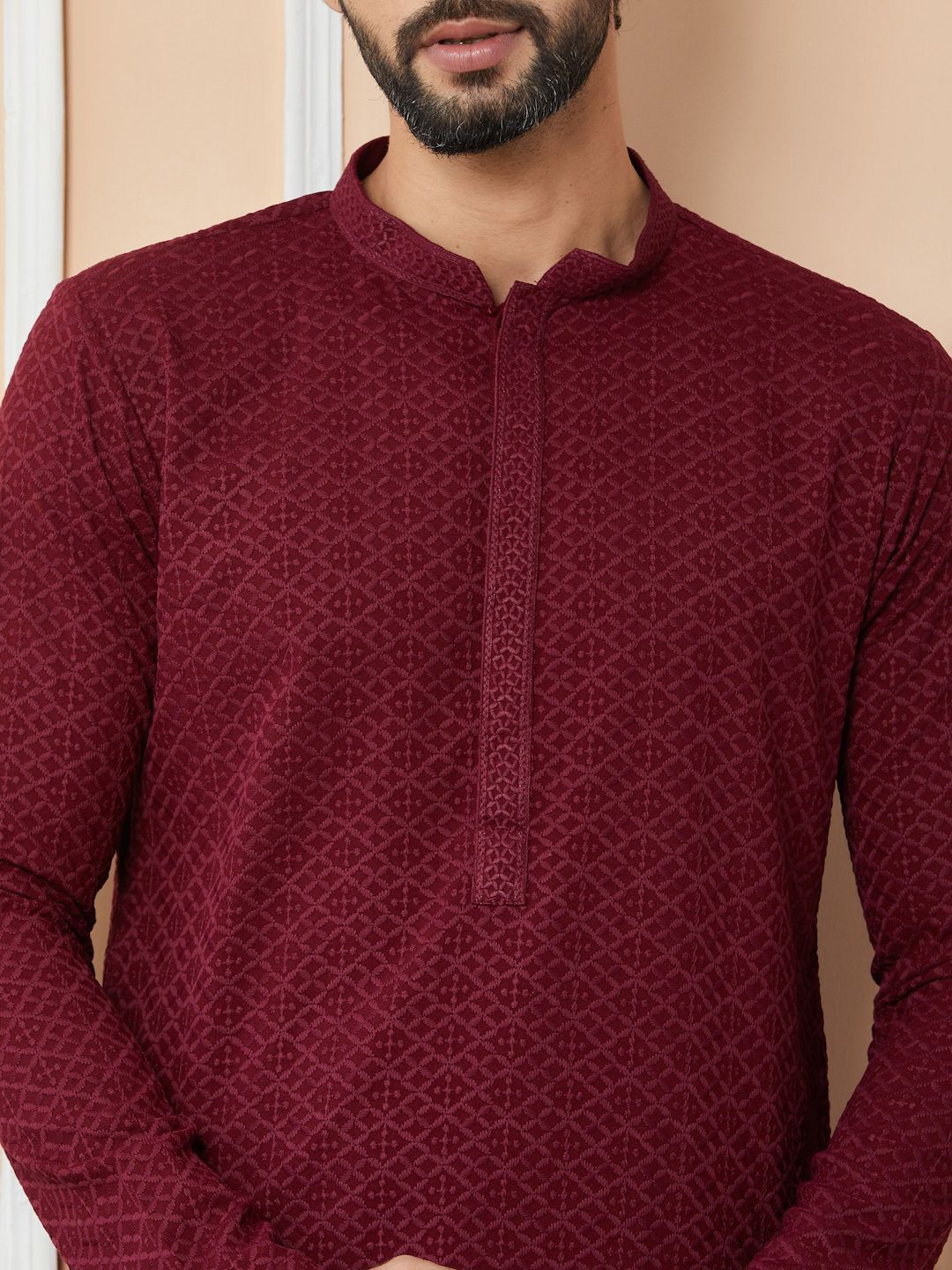See Designs Ethnic Motifs Mandarin Collar Long Sleeves Pure Cotton Straight Kurta