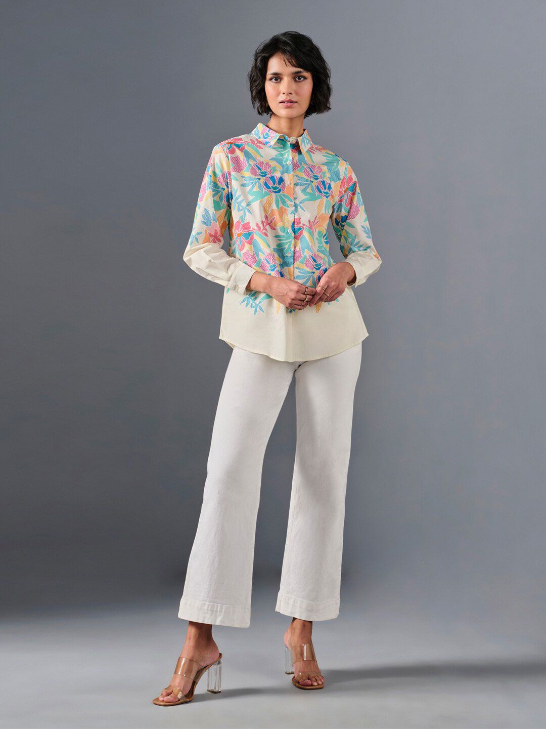 AND Floral Printed Cuffed Sleeves Cotton Shirt Style
