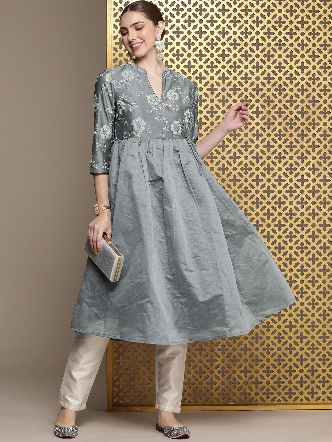 House of Pataudi Floral Printed A-Line Angrakha Jashn Kurta