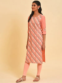 W Ethnic Motif Printed Keyhole Neck Thread Work Pure Cotton Kurta
