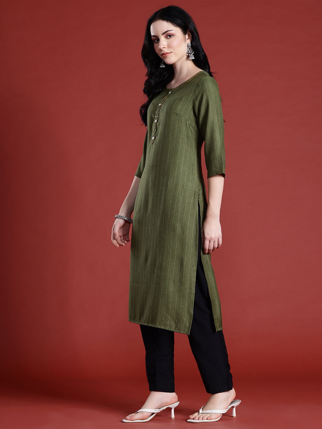 Anouk Striped Sequined Straight Kurta