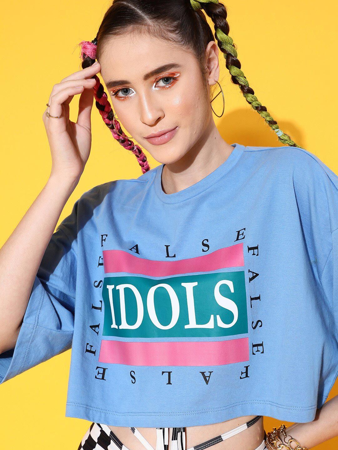 STREET 9 Women Blue Printed Cotton Drop-Shoulder Sleeves Bio Finish Boxy T-shirt